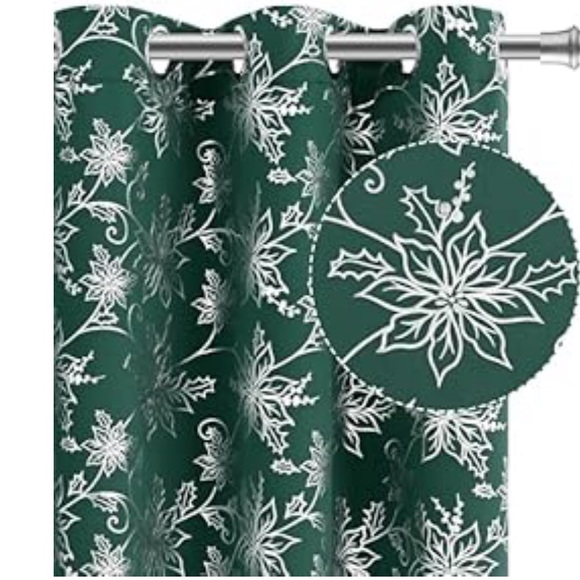 Christmas Curtains Silver Floral 52" x 84", Green, 2 Panels - Picture 1 of 6